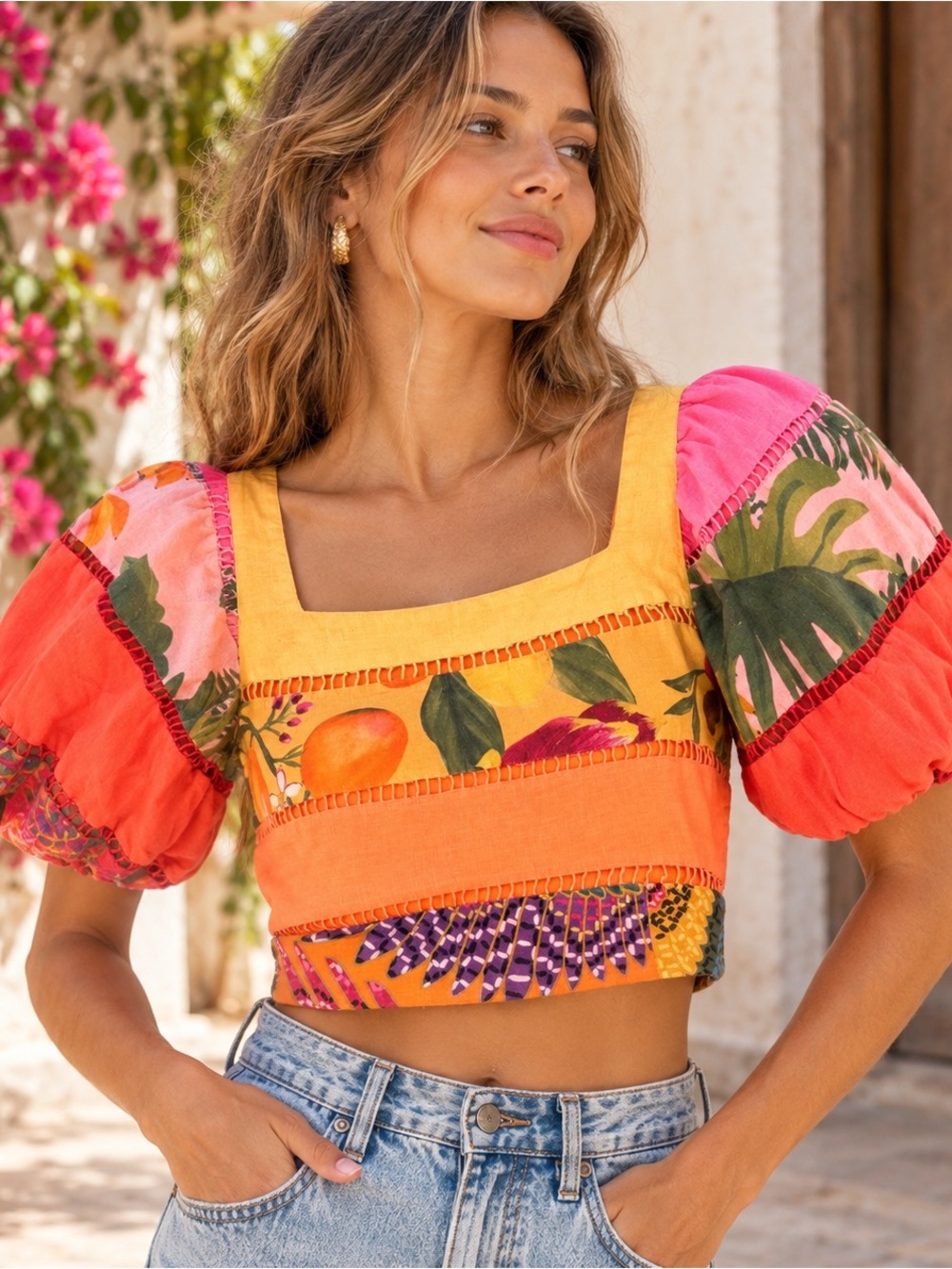 Farm Rio Patchwork Tropical Puff Sleeve Crop Top Size S